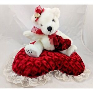 White Bear Plush on Heart Pillow 9 Inch Long MTY International Stuffed Animal